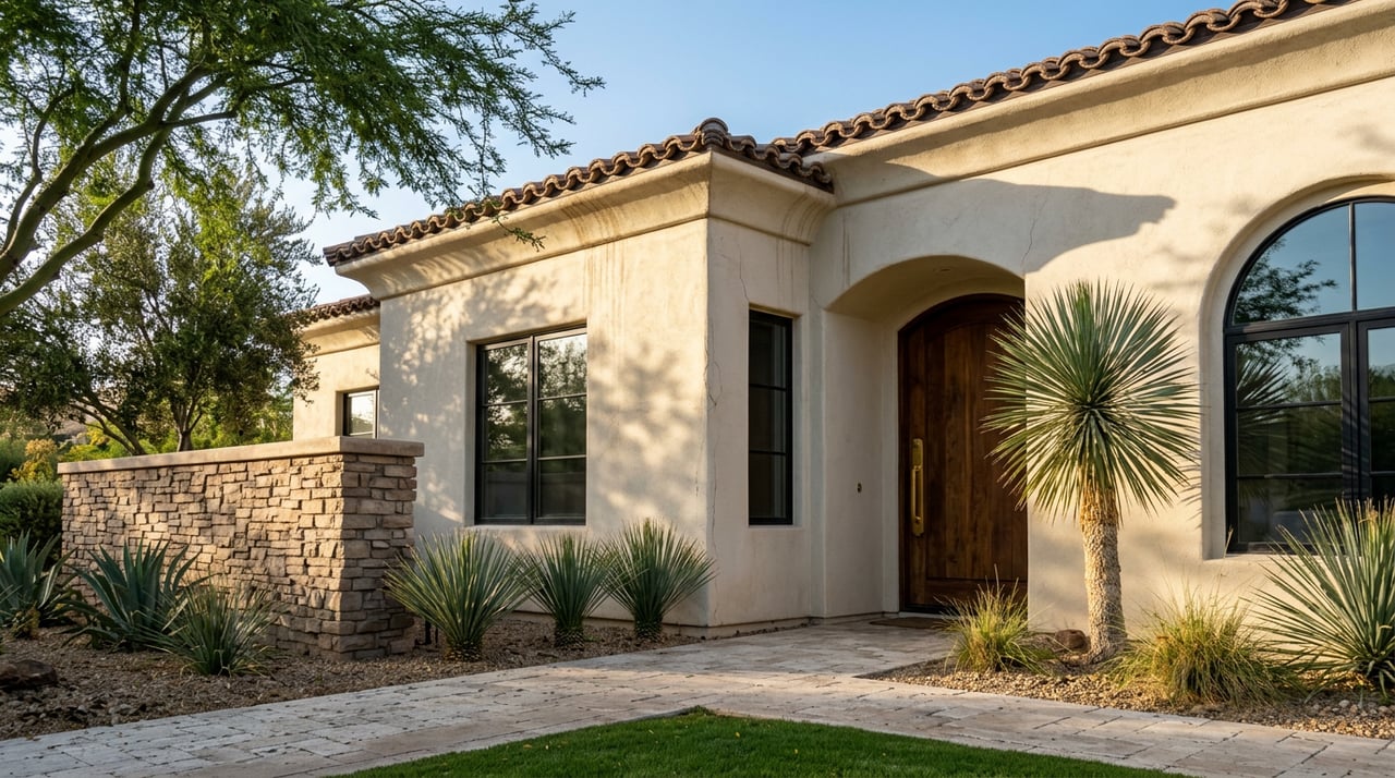 Single-story stucco estate with an arched walnut entry, clay-tile roof, stone privacy wall, and desert plants.