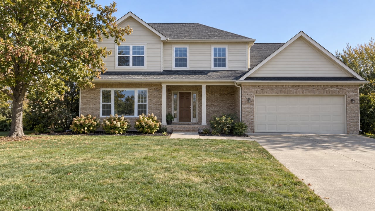 Established brick and ivory-sided home with a deep front lawn, mature oak and covered entry in bright afternoon light.