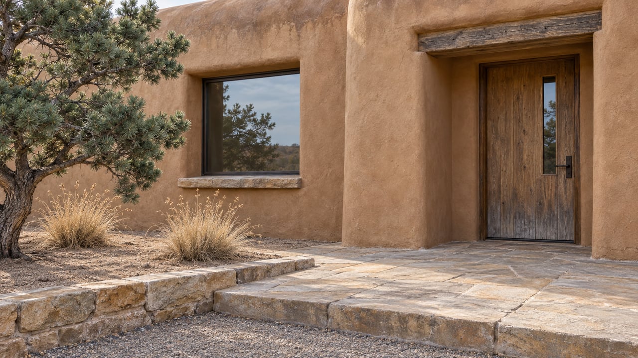 Clay-plastered home entrance with a cedar door, deep-set window, sandstone landing and a mature piñon pine in autumn light.