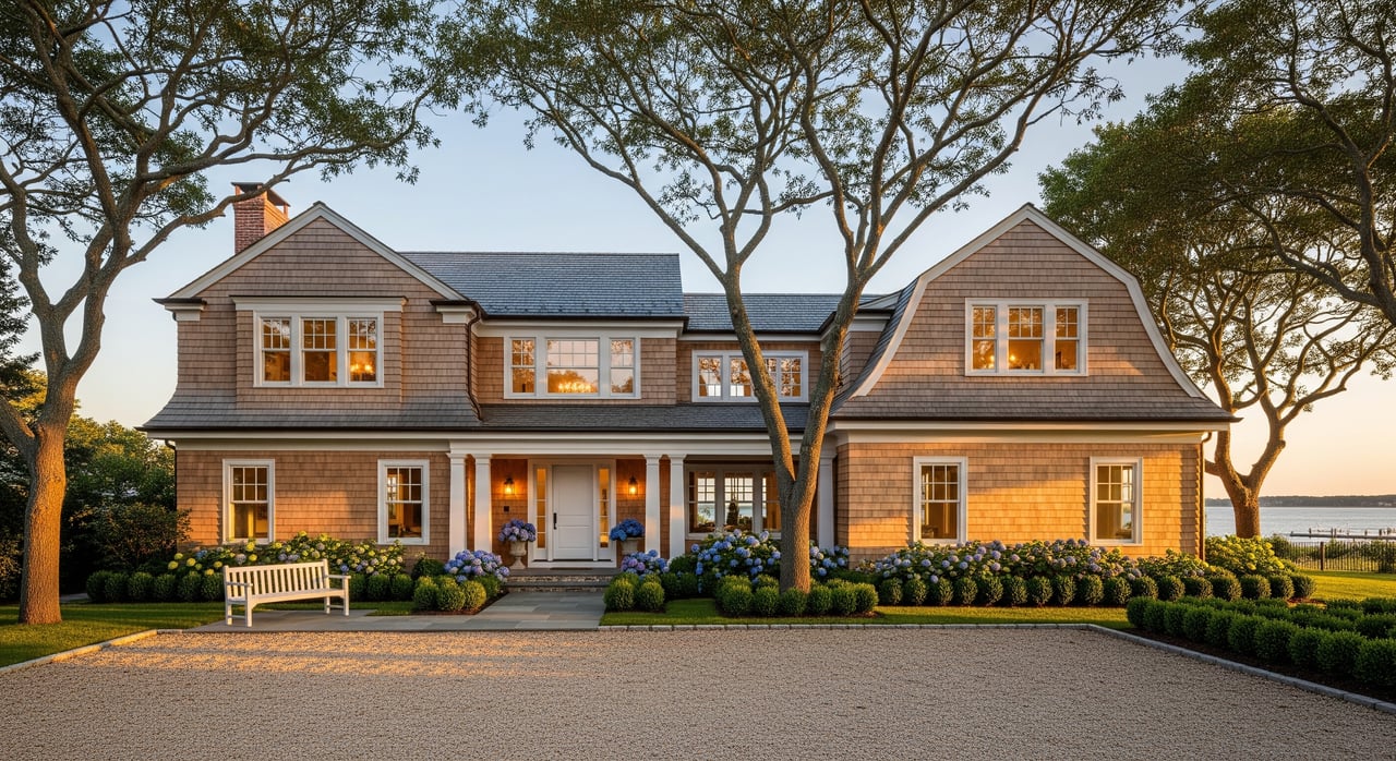Large gray-shingled house with dormer windows, a covered porch, and mature trees at dusk.