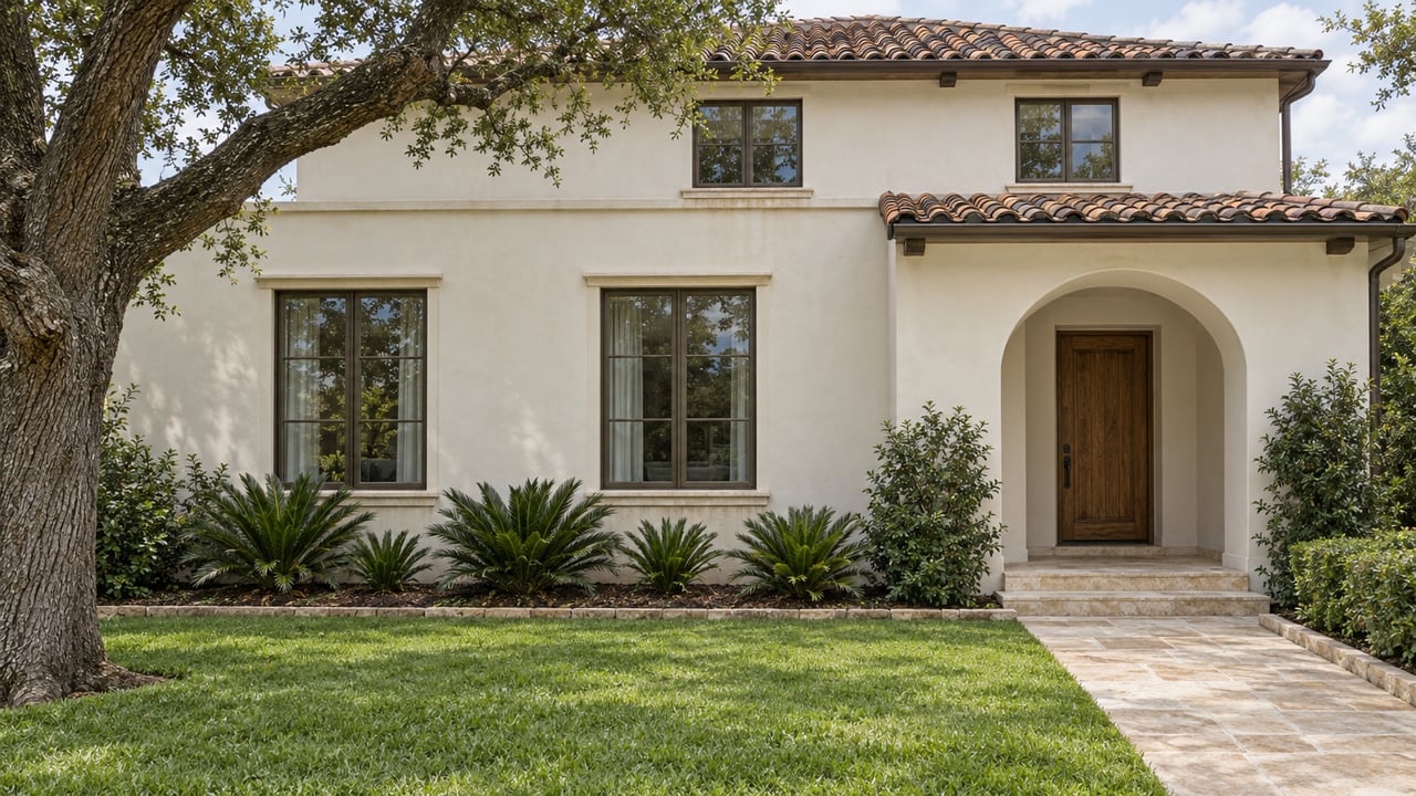 Cream stucco home with terracotta roof, bronze-framed windows and a limestone approach across a front lawn beside a mature live oak.