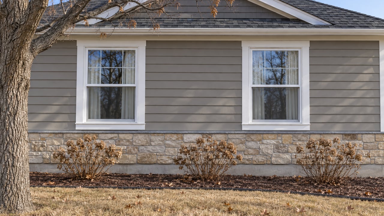 Late-autumn sunlight across gray lap siding, white-trimmed windows and a limestone base beneath a front gable, with bare oak branches and faded hydrangea flowers.