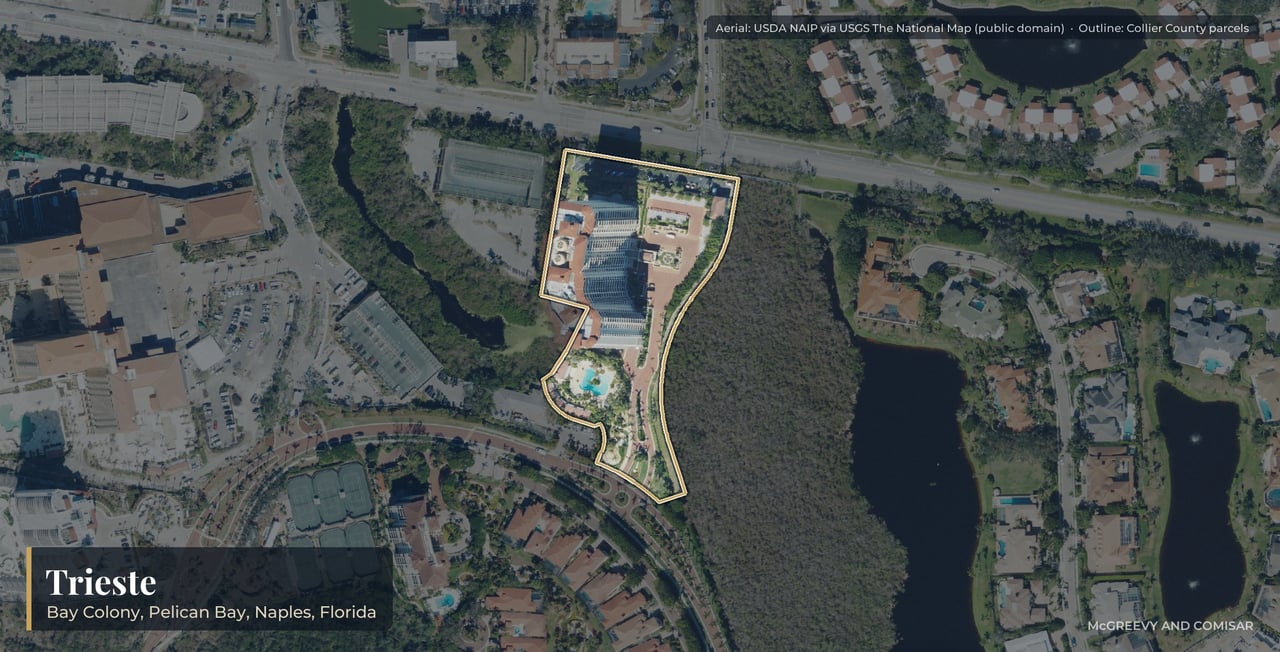 Aerial view of Trieste at Bay Colony, Naples, Florida, with its parcels outlined