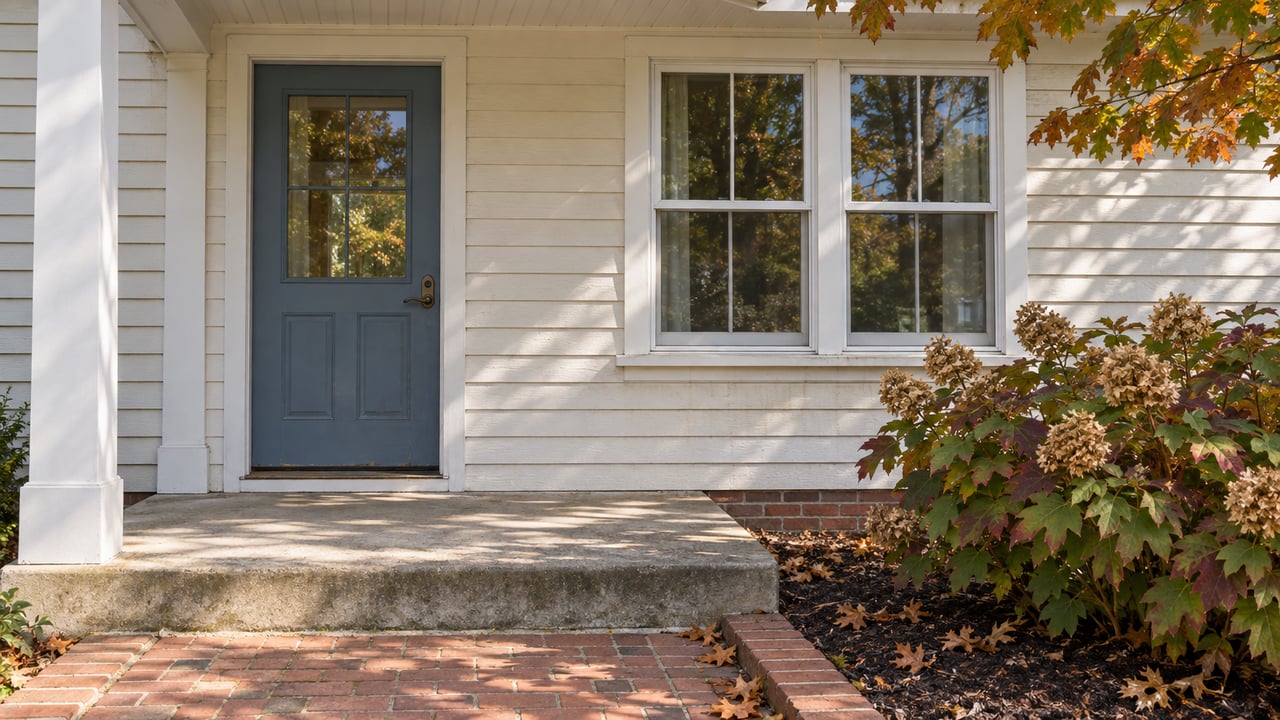 White clapboard home entrance with a muted blue door, brick walk and autumn oakleaf hydrangea.