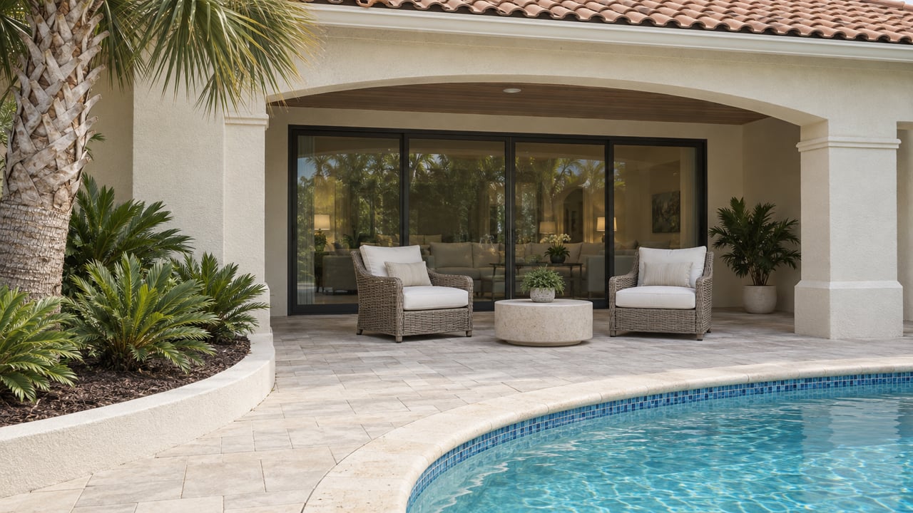 Cream stucco home with a clay tile roof, shaded arched lanai, pale pool terrace and curved blue pool beside a mature palm.