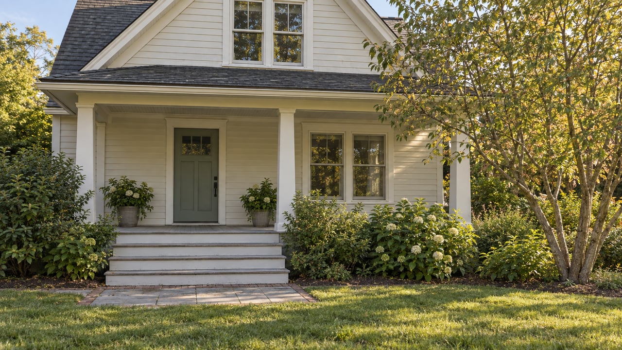Pale-cream clapboard cottage with a steep gable, front porch, closed door, glazed windows, and paver approach.