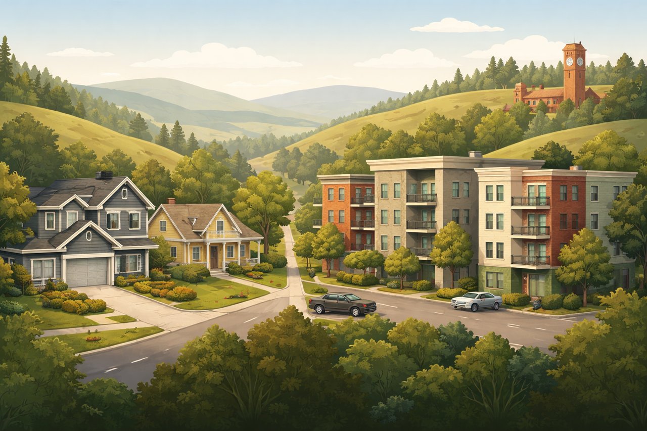 Illustrated Palouse style neighborhood scene showing homes and rental living options representing buying versus renting in Pullman, Washington.