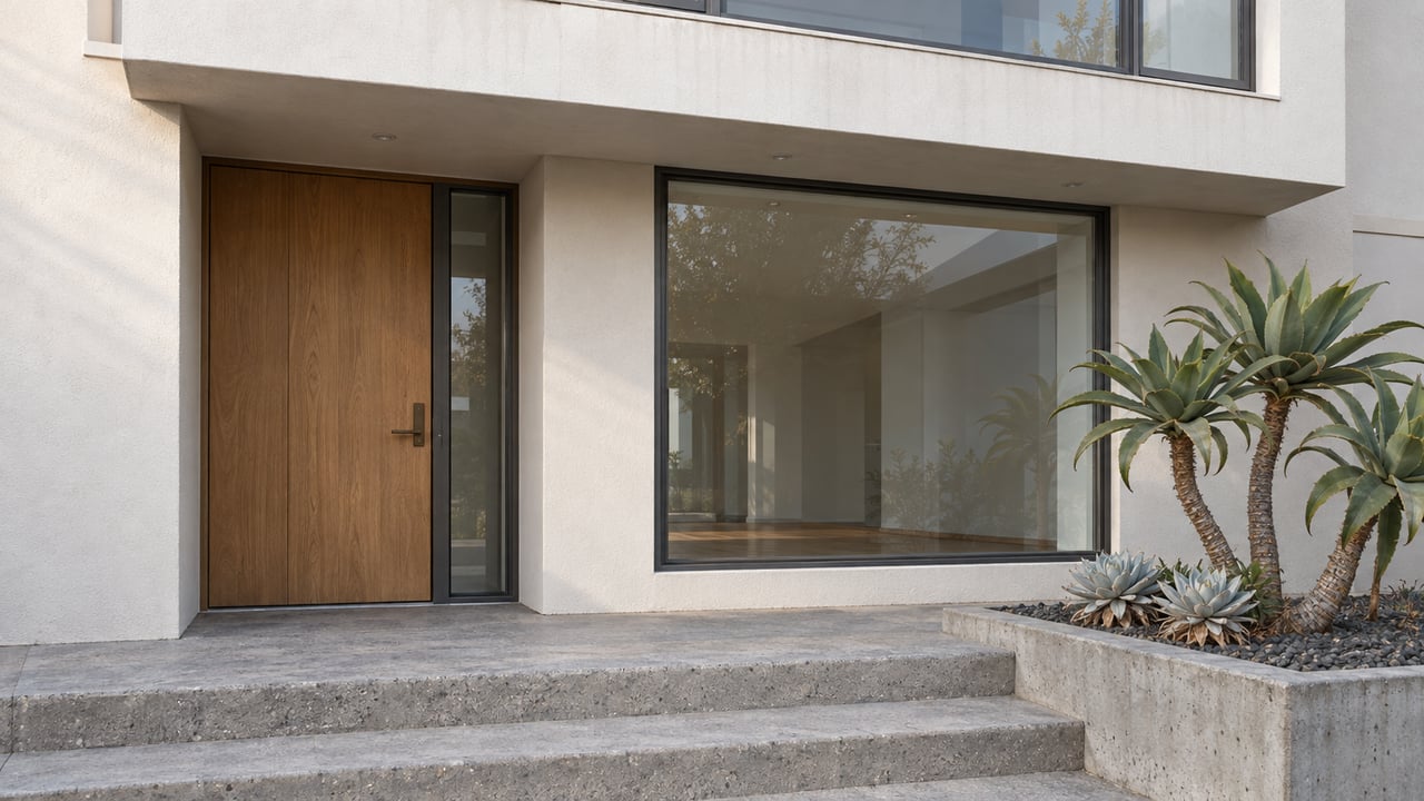 Close architectural view of a white stucco home with a recessed oak entrance, charcoal-framed windows, concrete steps and sculptural succulents.