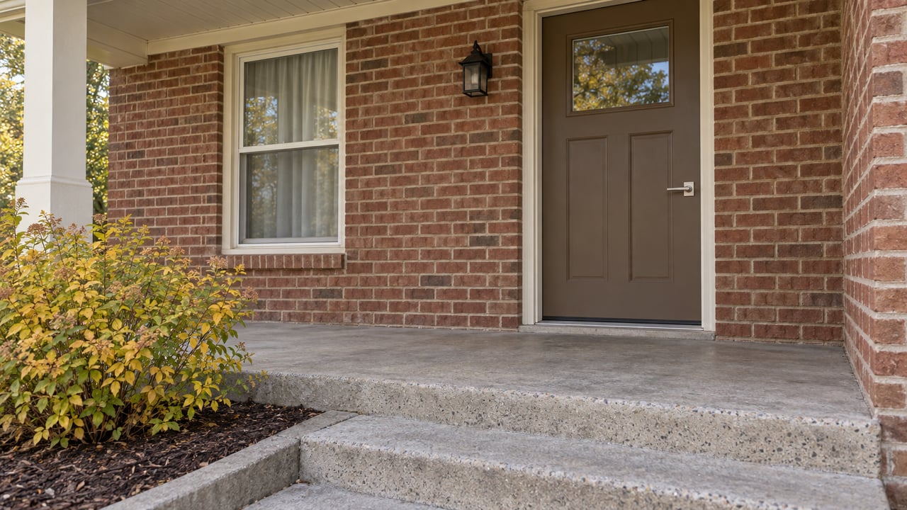 Close view of a brick home's covered entry with a brown door, cream-framed window and worn concrete steps beside an autumn shrub.