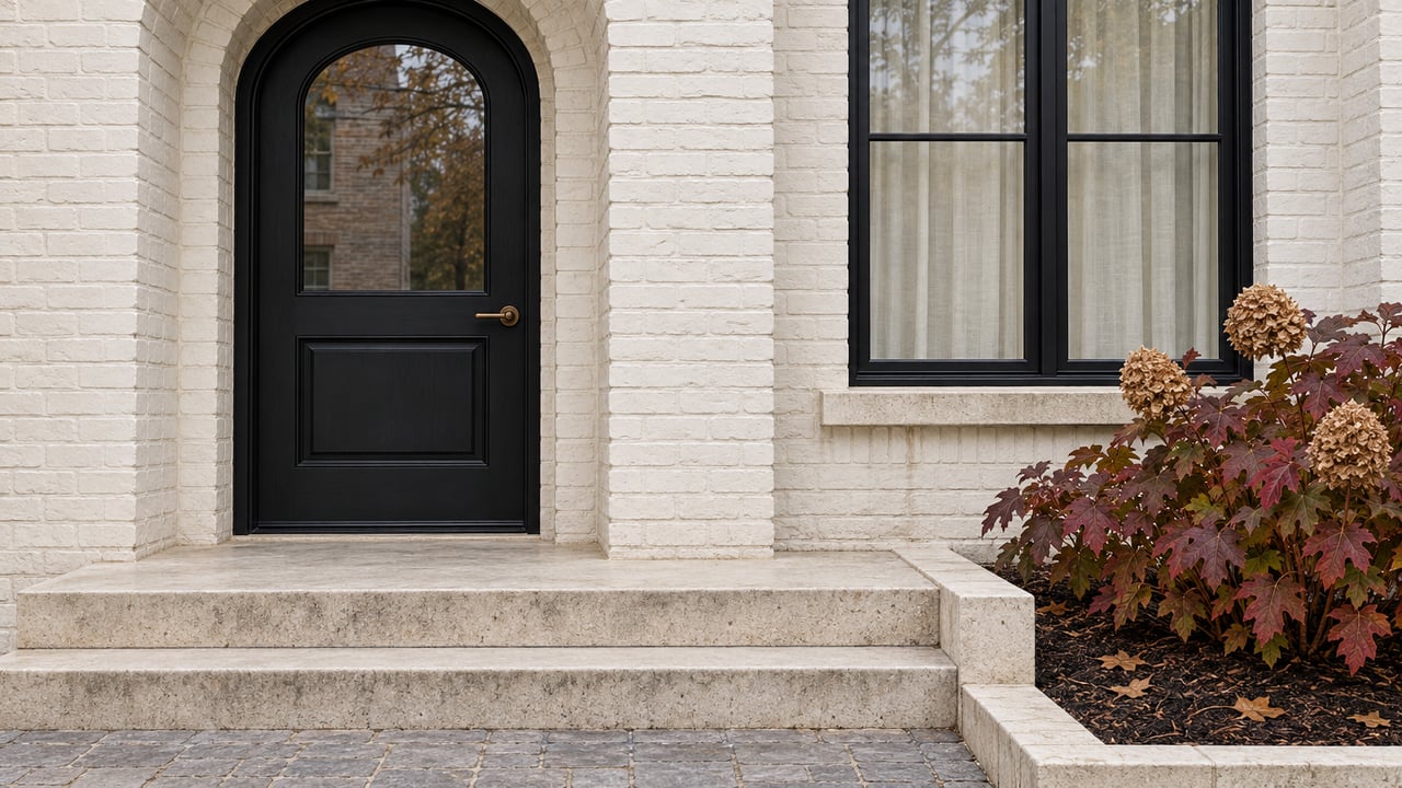 White painted-brick townhouse entry with an arched black door, limestone steps and burgundy oakleaf hydrangea.