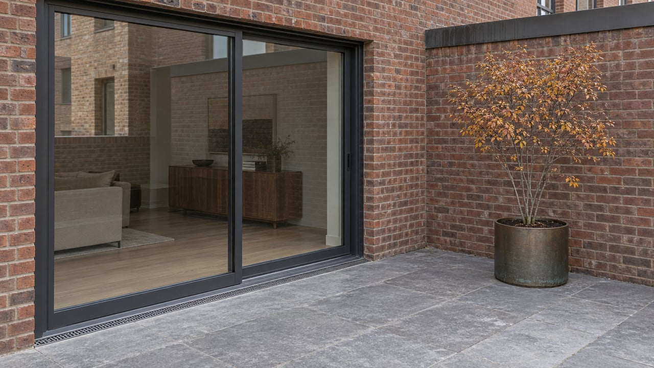 A recessed brick apartment terrace with closed dark-framed glass doors, gray limestone paving and a bronze planter holding an autumn serviceberry.