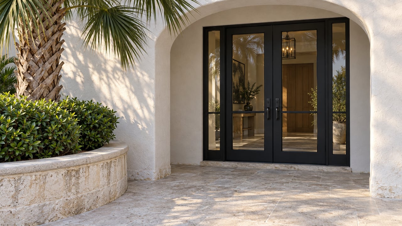 Sunlit white stucco arch framing black French doors, with pale stone paving and a curved planter containing a palm and clipped cocoplum.
