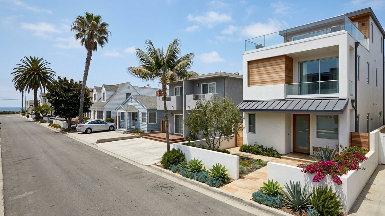 West Newport homes along a palm-lined street, with a modern white house and ocean visible in the distance.