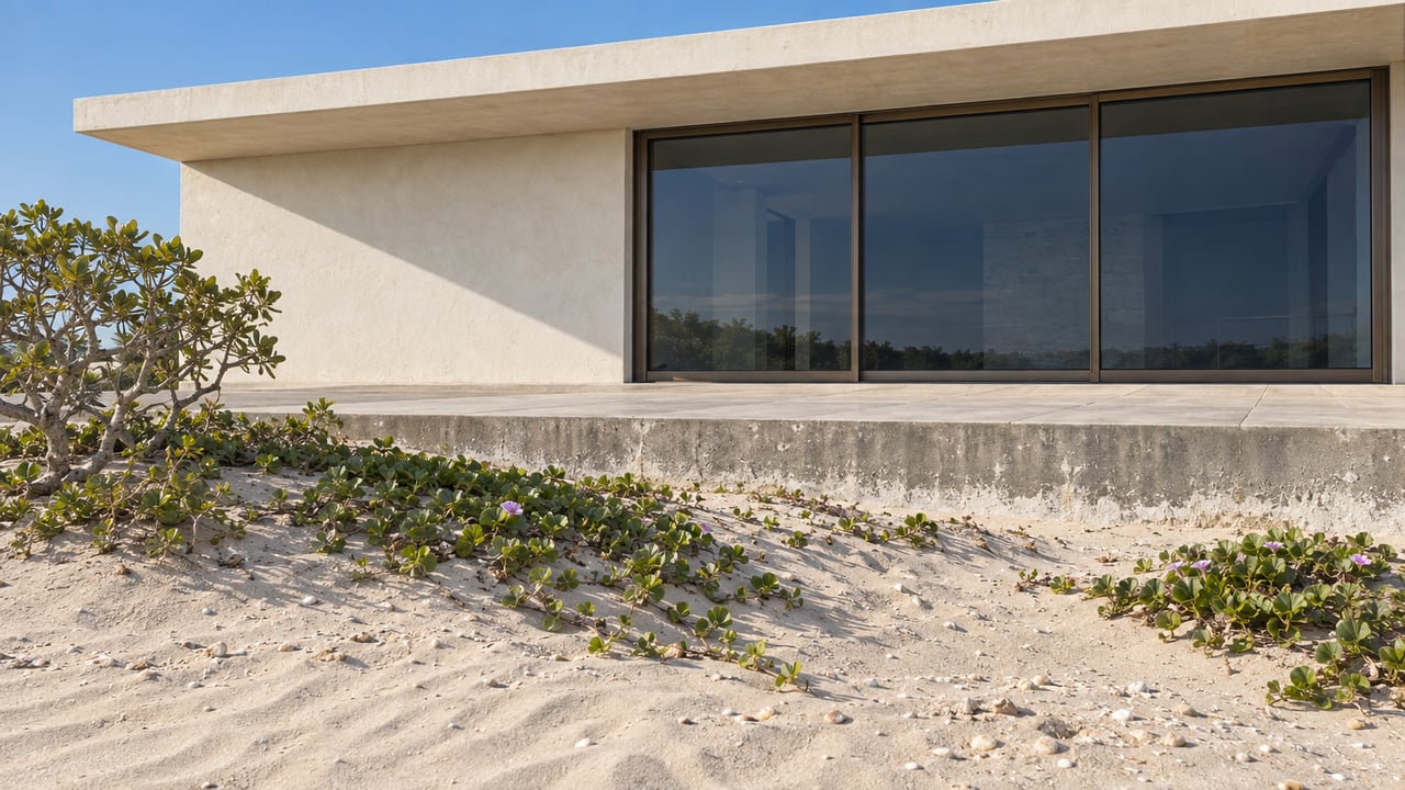 Coastal home with bronze-framed glass panels above a planted sandy dune and limestone terrace.