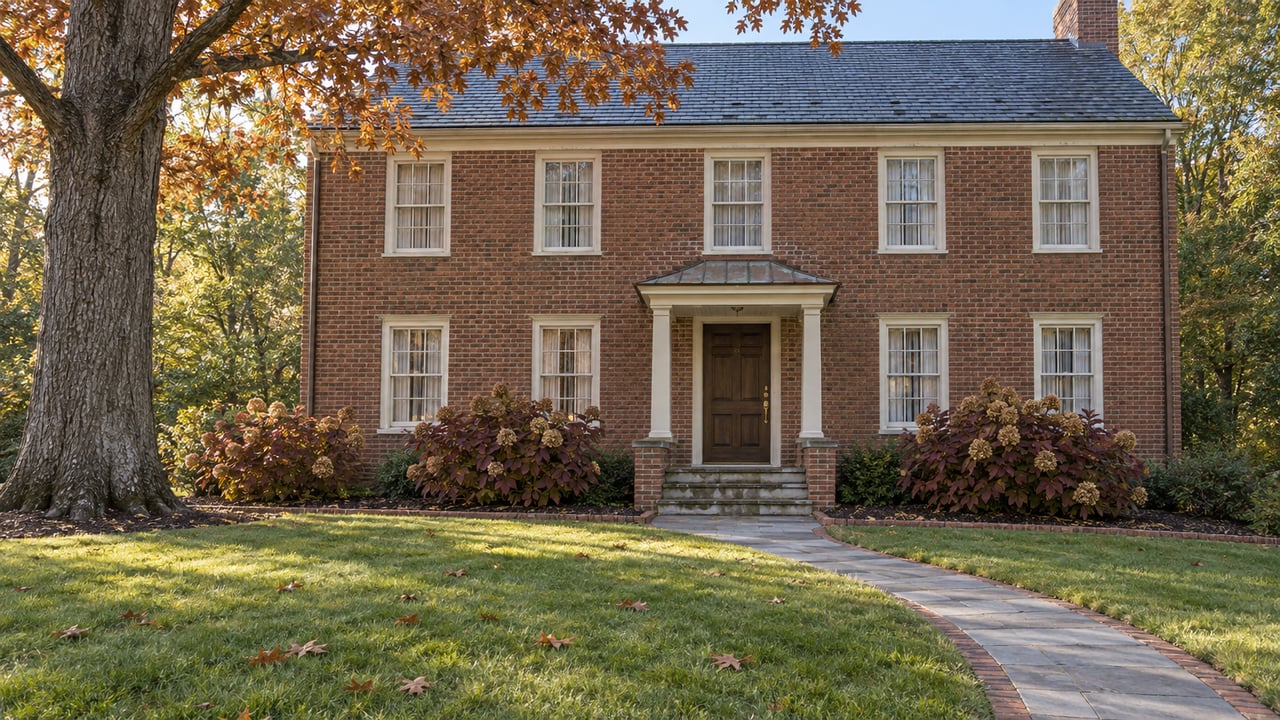 Traditional two-story brick home with slate roof, broad front lawn, flagstone entry walk, and autumn oak foliage in morning sunlight.