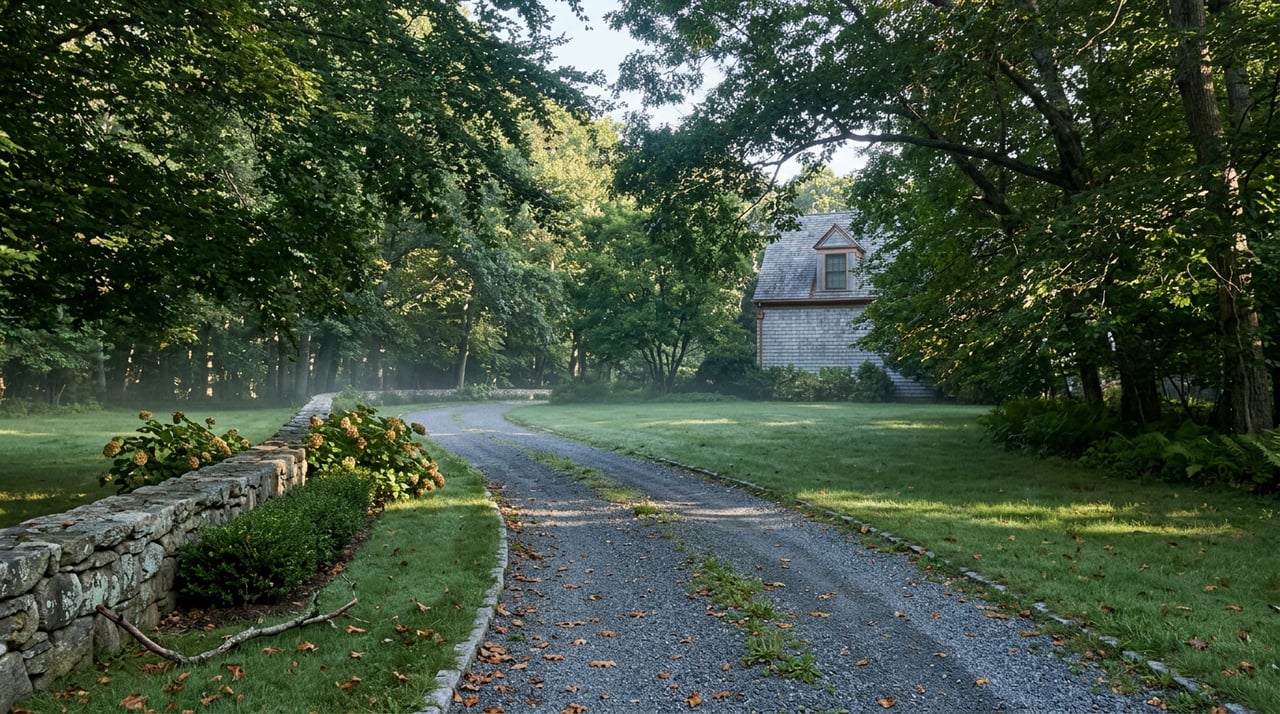 Gravel drive curves beneath mature trees toward a partly screened cedar-shingle house, with a fieldstone wall and lawn.