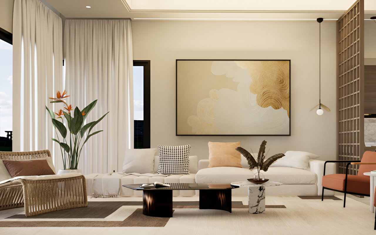 Modern living room with a white sectional sofa, abstract wall art, and floor-to-ceiling curtains.