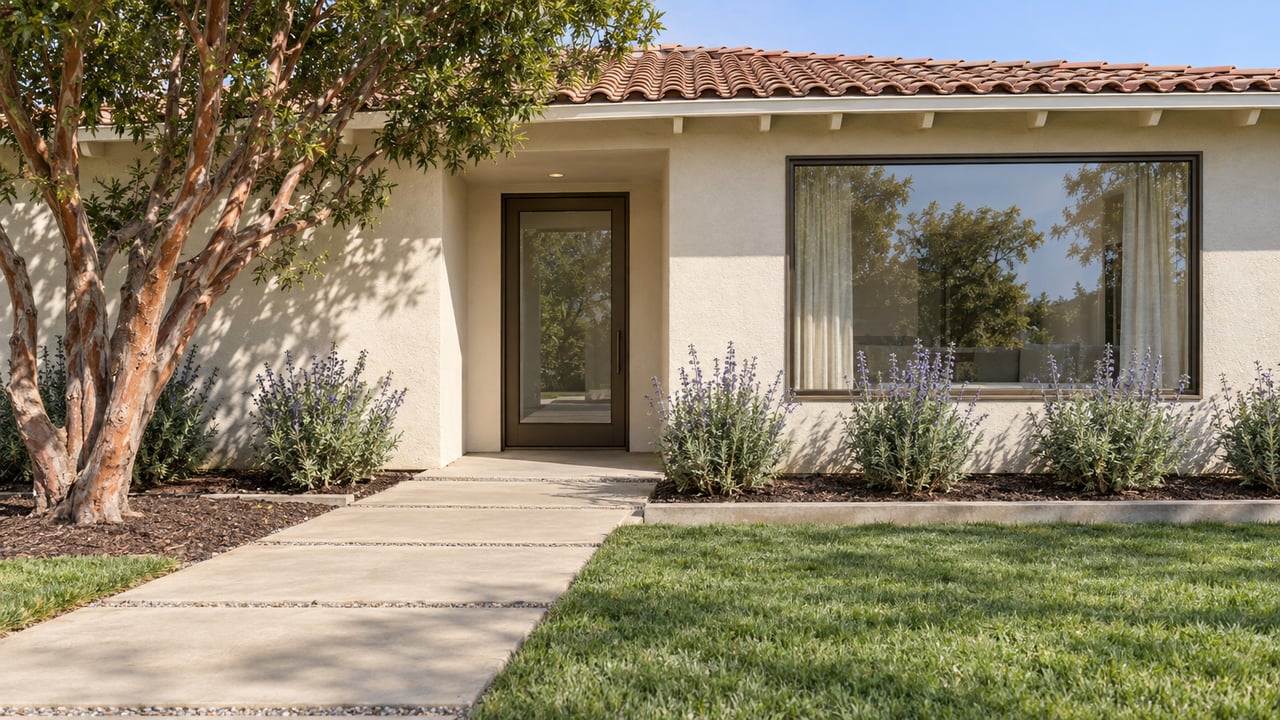 Cream stucco home with a terracotta roof, bronze-framed glass entry, lawn and a sculptural strawberry tree beside a concrete approach.
