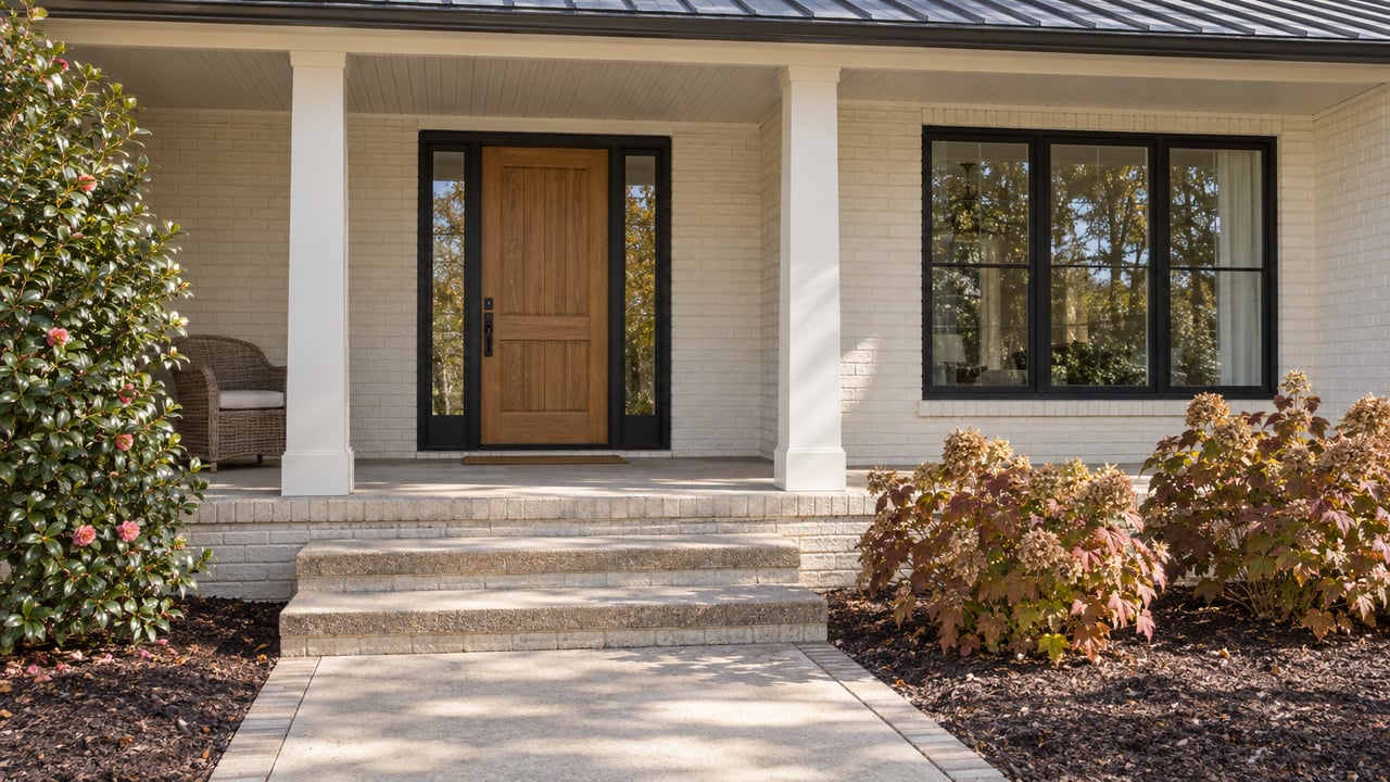 Cream brick home with an oak front door, black-framed glazing, a covered porch and autumn hydrangeas beside concrete entry steps.