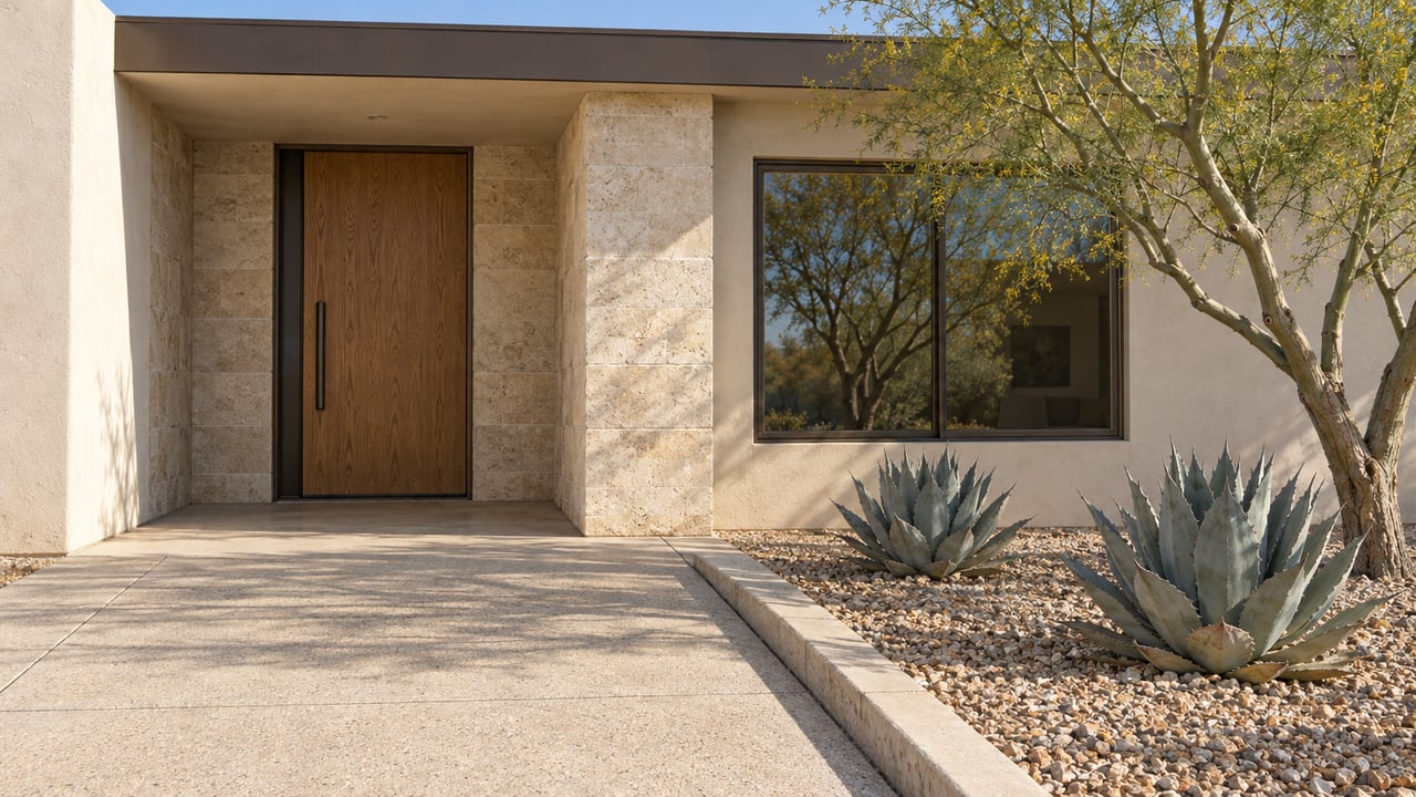Sunlit ivory stucco home with an oak entry door, bronze-framed window, concrete approach and sculptural desert planting.