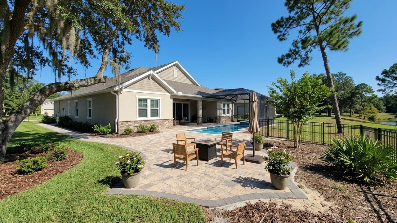 Home’s rear patio with a screened pool, outdoor dining set, and fenced yard beside a pond.