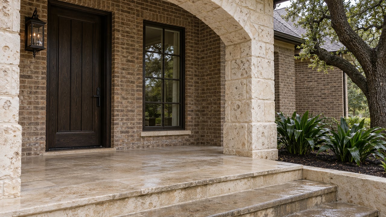 Covered stone entry with an arched limestone portal, dark timber door, bronze-framed window and rain-darkened limestone steps beside a planted bed.
