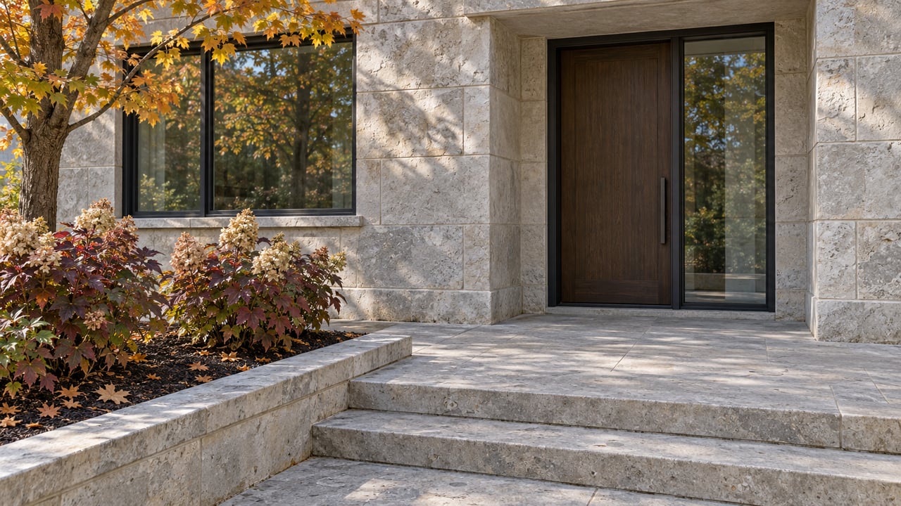 Autumn light falls across a limestone entrance with a dark oak door, steel-framed glazing, and a raised bed of oakleaf hydrangeas beneath a sugar maple.