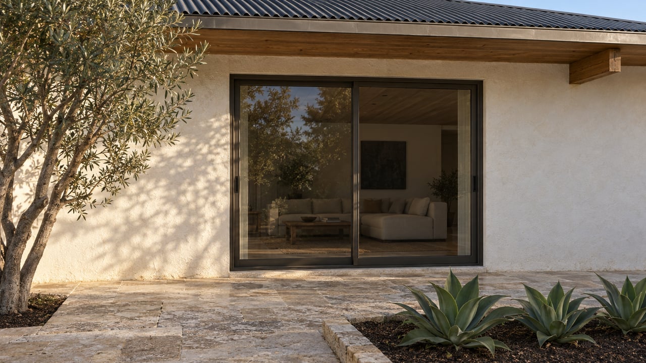 Single-story stucco home with a timber-lined eave, bronze sliding doors, olive tree, and agaves.