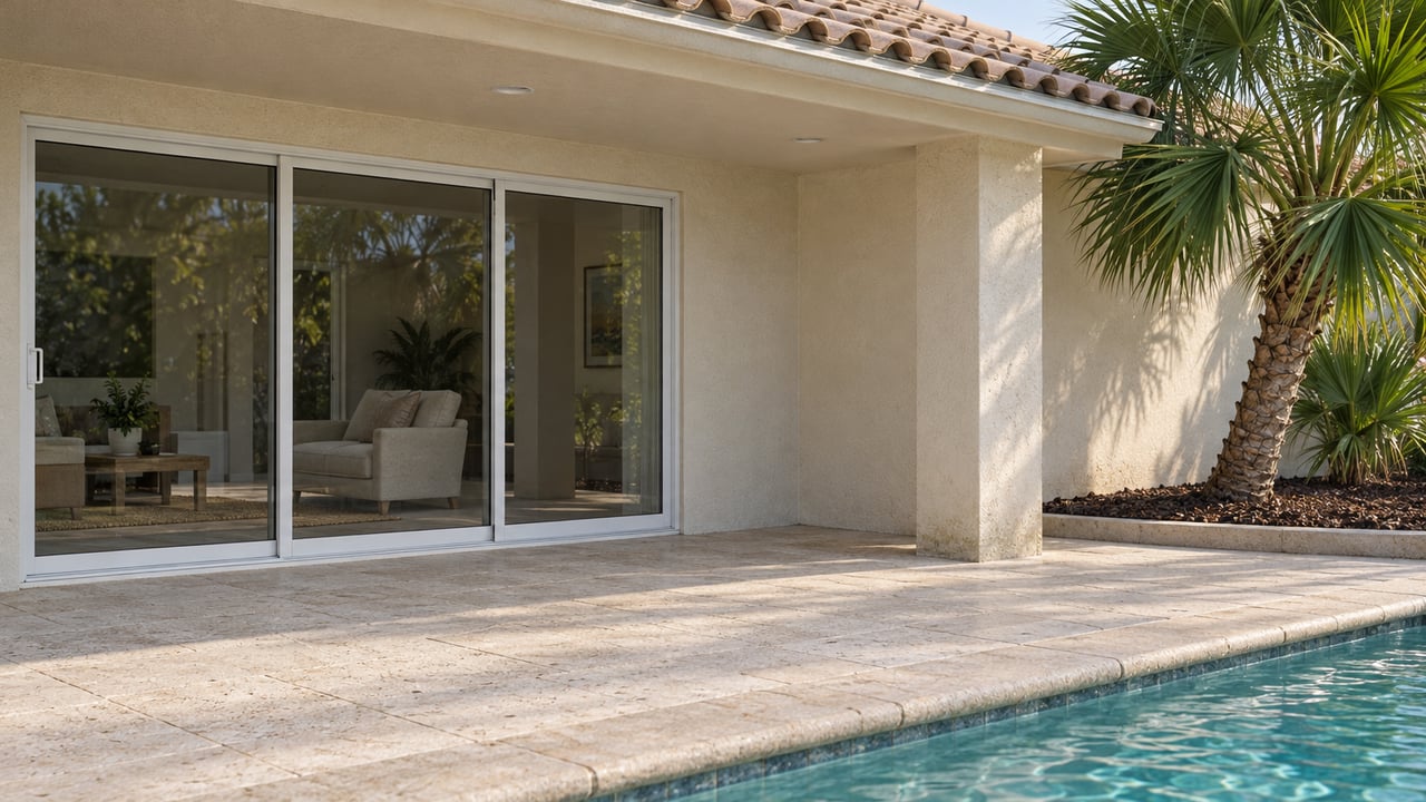 Ivory stucco home with tan tile roof, closed sliding glass doors and a pale paved terrace beside teal pool water and one fan palm.