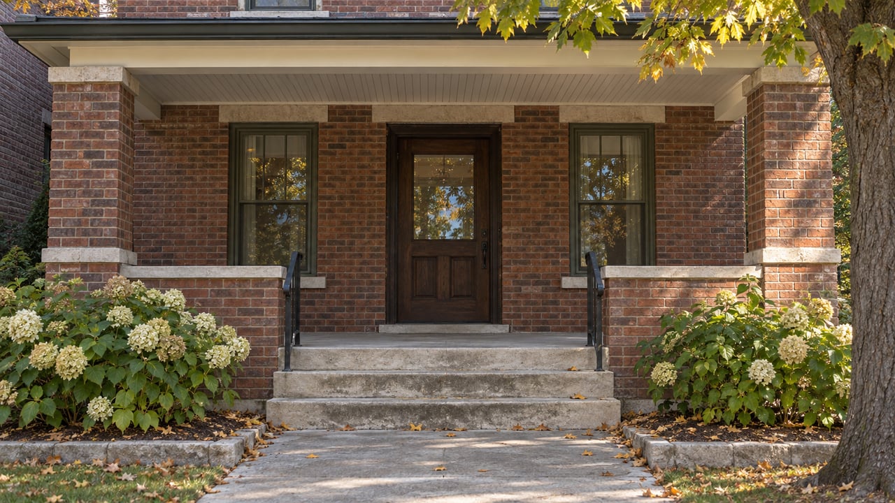 Brick house entrance with an olive-framed door, limestone steps, and clipped hydrangeas.
