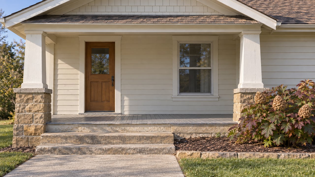A modest ivory bungalow porch with a wooden entry door, sandstone steps and autumn oakleaf hydrangea.