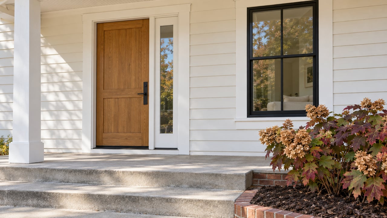 White-sided home entry with an oak door, black-framed window, concrete porch steps and burgundy oakleaf hydrangeas.