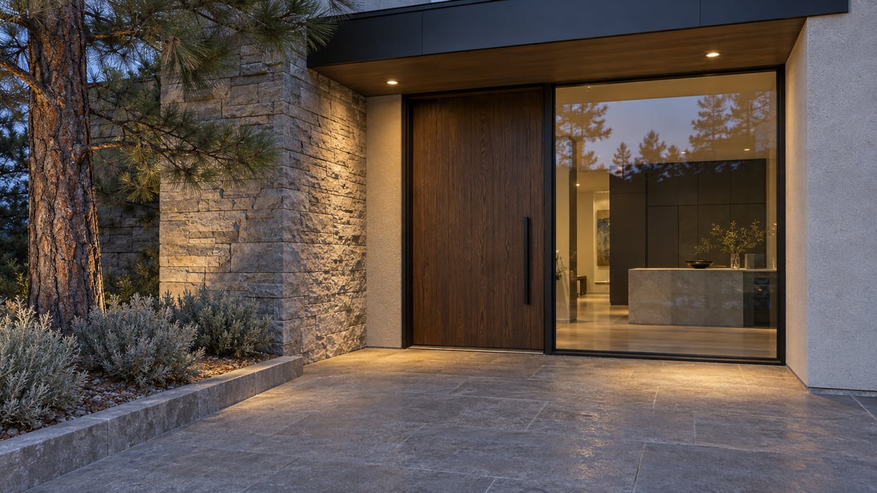 Contemporary entry court at blue hour with an oak front door, gray stone paving, warm recessed lighting and a sculptural pine.