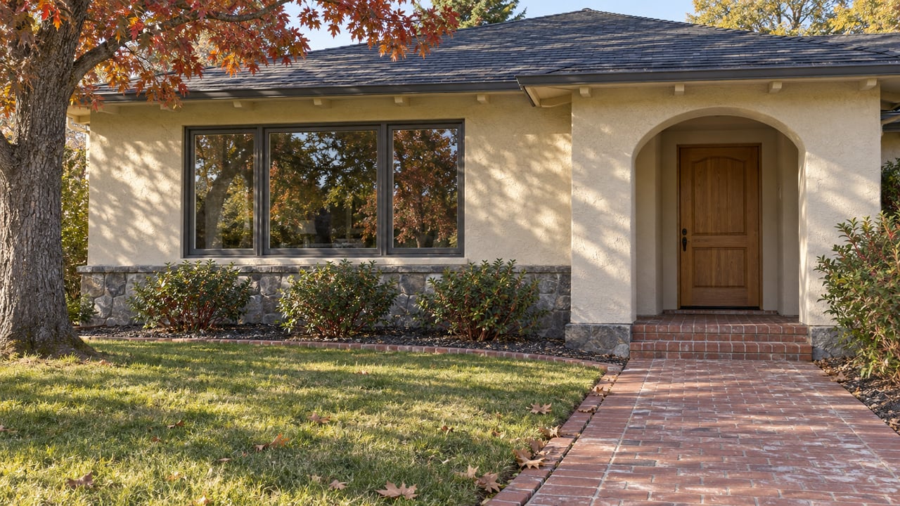 Cream-stucco home with an arched oak doorway, brick garden path and copper-red oak leaves in afternoon sunlight.