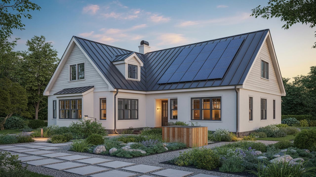 White farmhouse with a blue metal roof, landscaped garden, and geometric stone walkway.