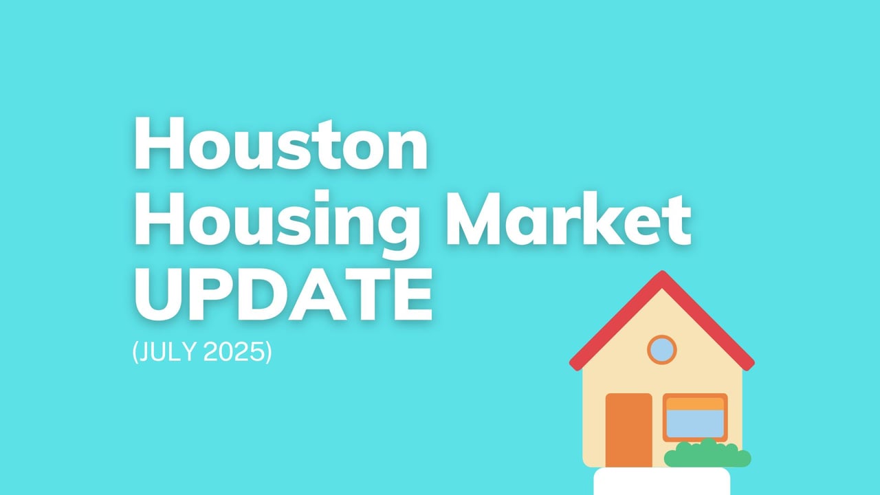Houston Housing Market Update July 2025 graphic with illustrated house icon and a light blue background.