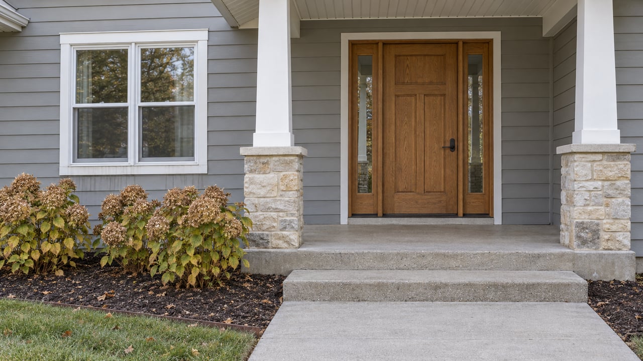 Close view of a gray-sided home's sheltered oak front door, limestone porch bases and autumn hydrangeas beside concrete steps.