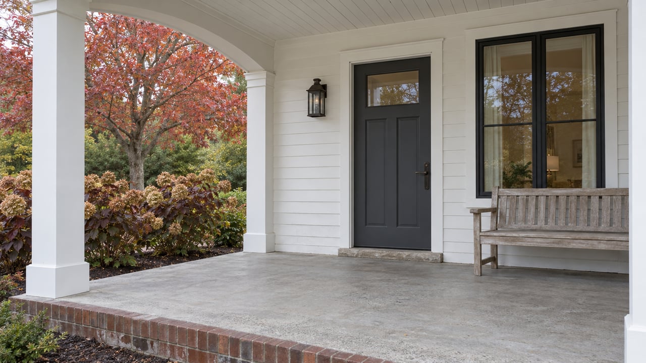White-sided home's covered porch with an arched opening, charcoal front door, oak bench, and red autumn foliage.