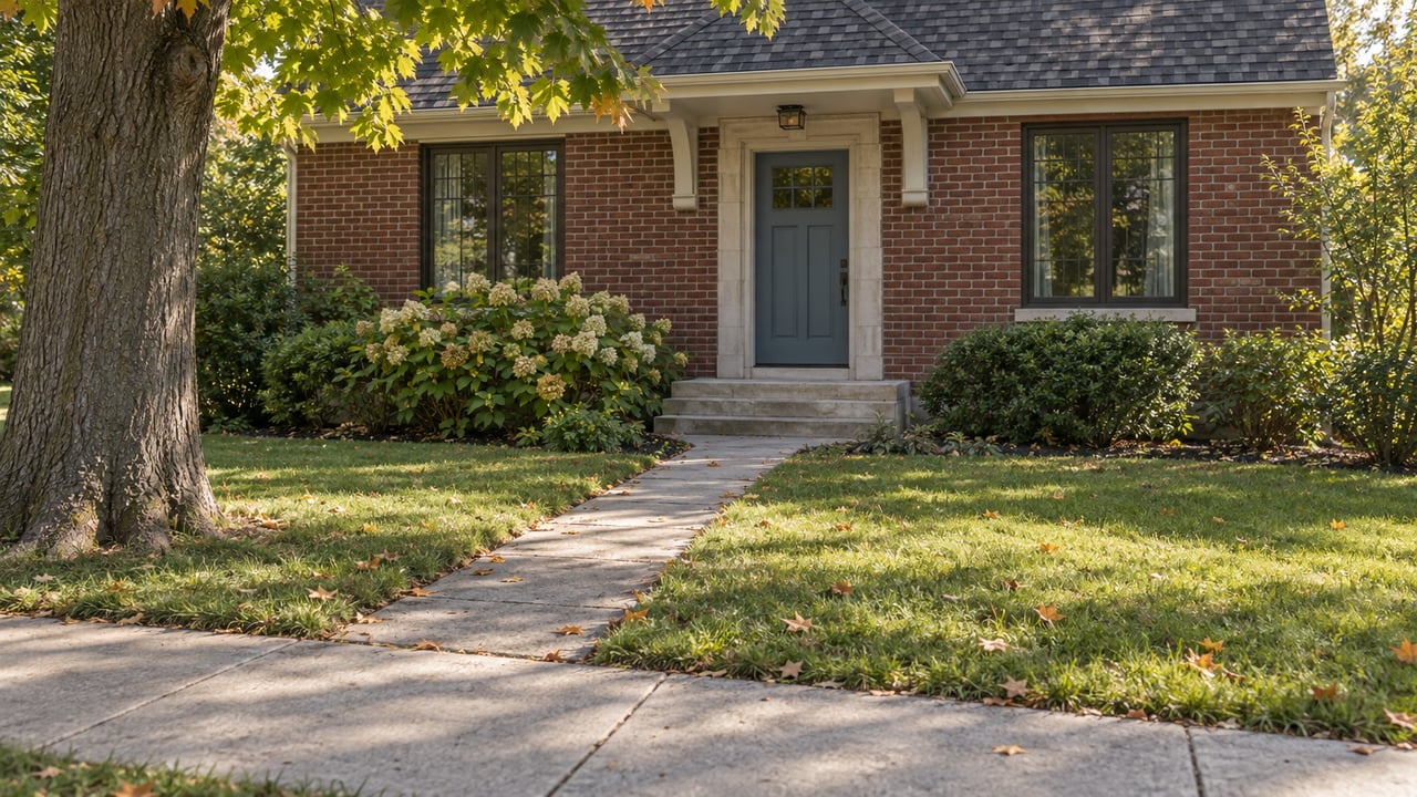 Brick house with a slate-blue door, limestone steps, and a narrow walk through lawn.