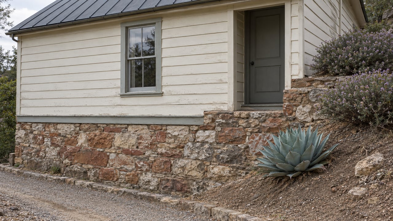 A cream-sided hillside house above a gravel path, with a stepped rubble-stone foundation and sparse agave planting.