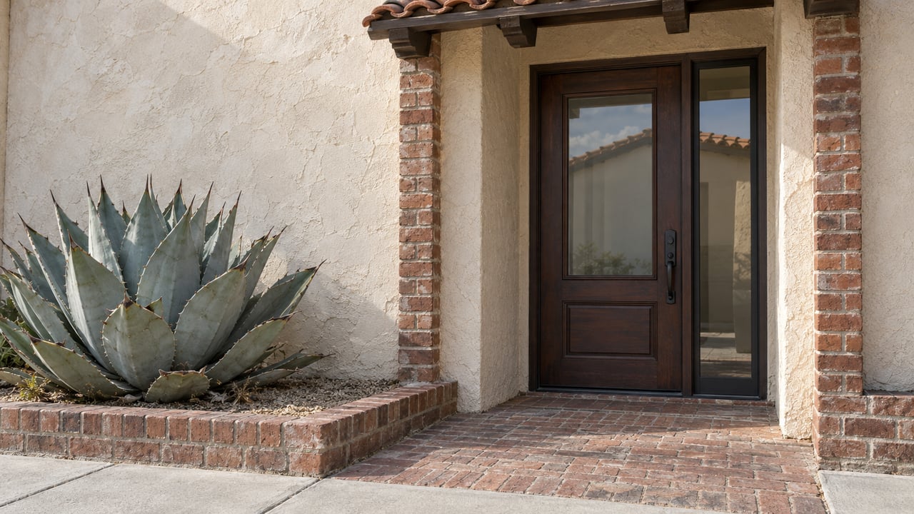 Recessed dark wood entry with a glass panel beside a blue-gray agave in a raised brick planter.