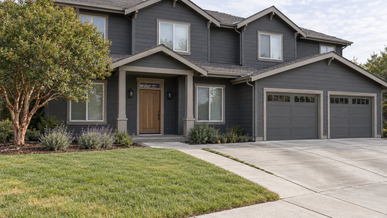 Two-story charcoal-sided house with a recessed oak entry, paired garage doors, broad lawn and an established strawberry tree in soft daylight.