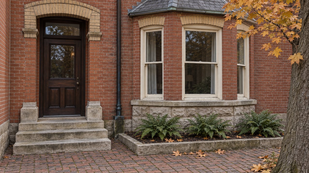 Red-brick house entrance with buff-brick arches, cream sash windows and worn limestone steps beside autumn maple foliage.