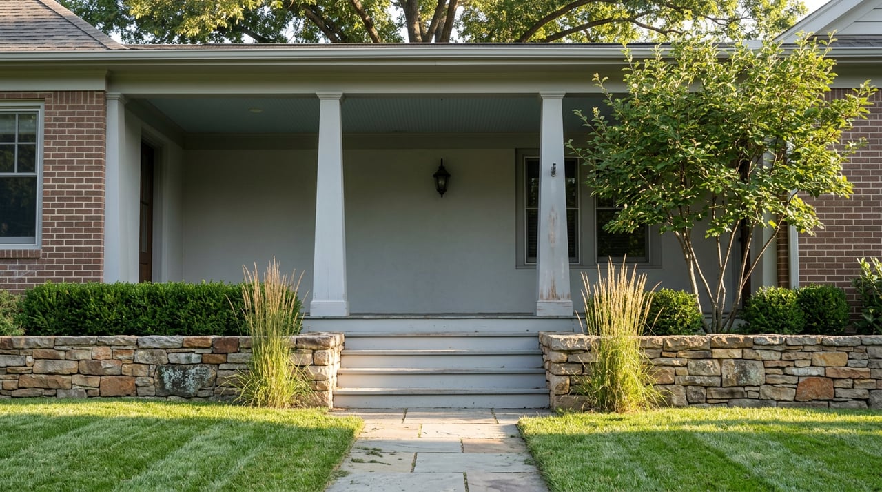Covered porch with gray columns, fieldstone steps, flagstone path, and sunlit oak and serviceberry leaves.