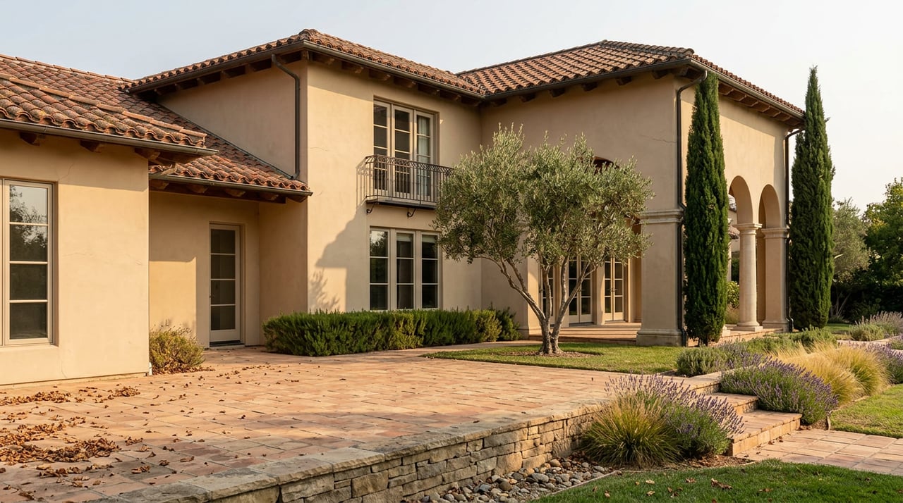 Mediterranean-style house with an arched loggia, terracotta terrace, olive tree, cypress, and lavender.