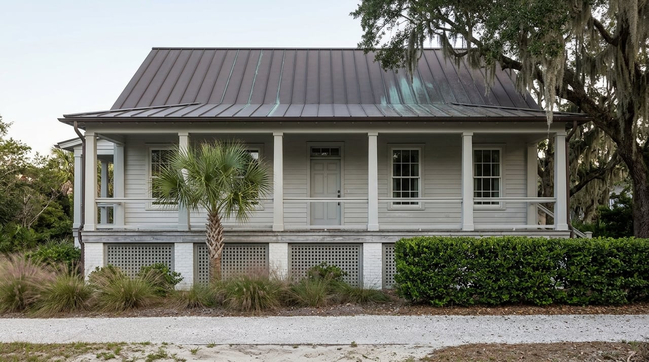 Elevated coastal cottage with painted brick piers, gray siding, a shell path, and live oak canopy.