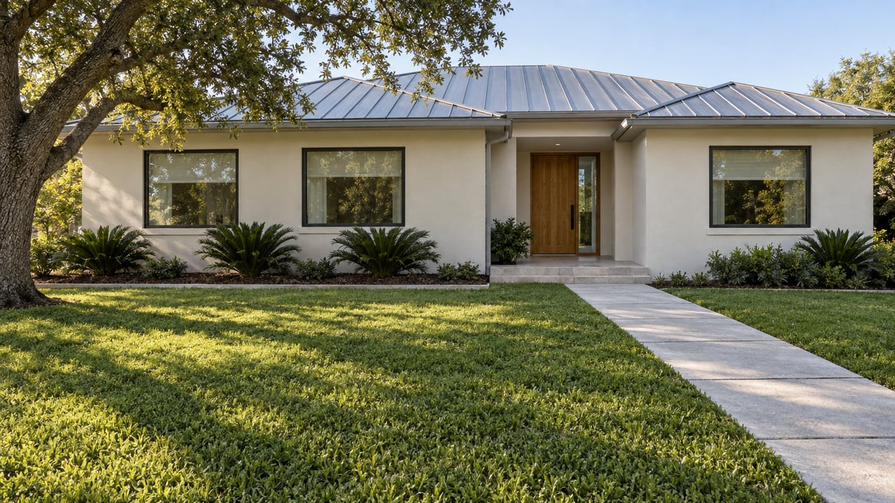Cream stucco home with silver standing-seam roof, black-framed windows and a recessed wood front door beyond a deep green lawn.
