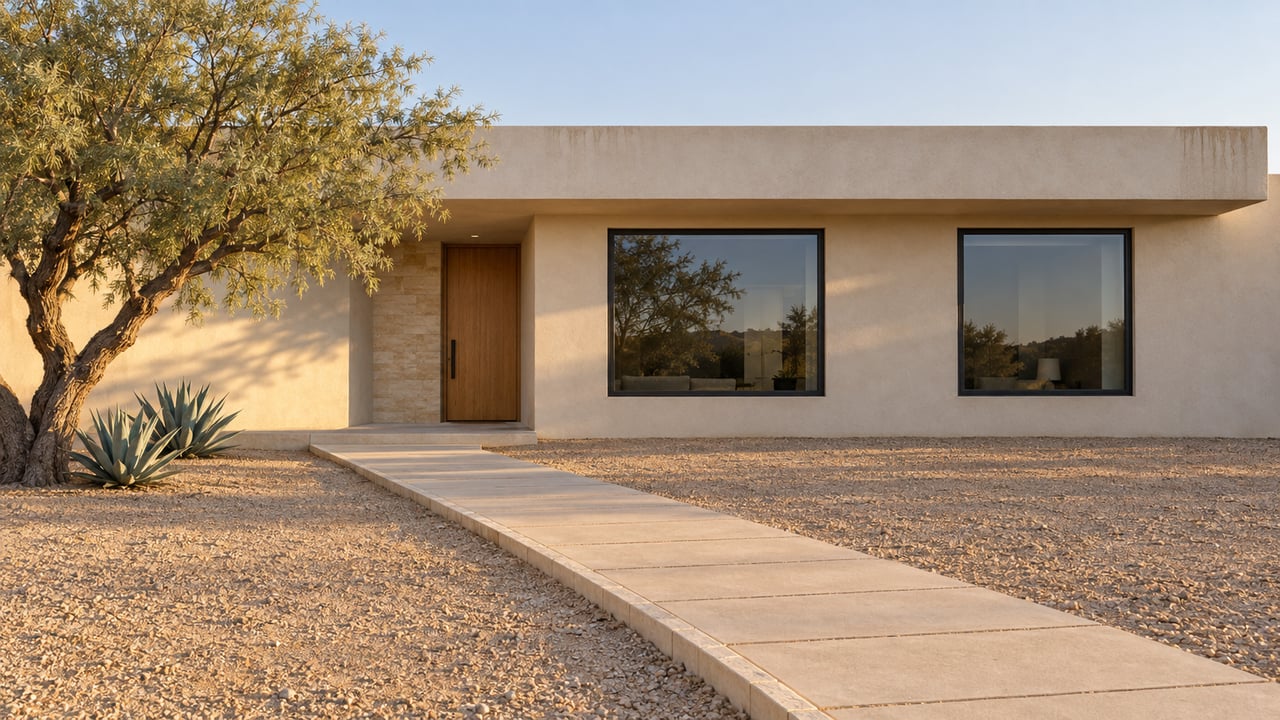 Low, broad stucco home with a recessed oak entry, dark-framed windows, and a twisting desert tree.