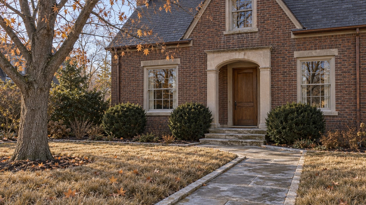 Russet brick home with a slate gable, limestone entry and a deep late-autumn front garden beneath a nearly bare maple.
