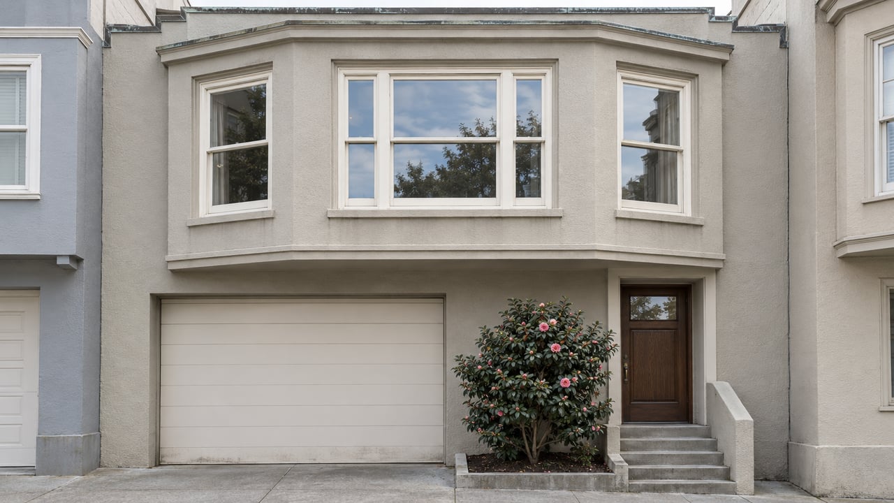 A pale stucco two-story home with a projecting upper window bay, ivory garage door, recessed oak entry and a camellia beside concrete steps.
